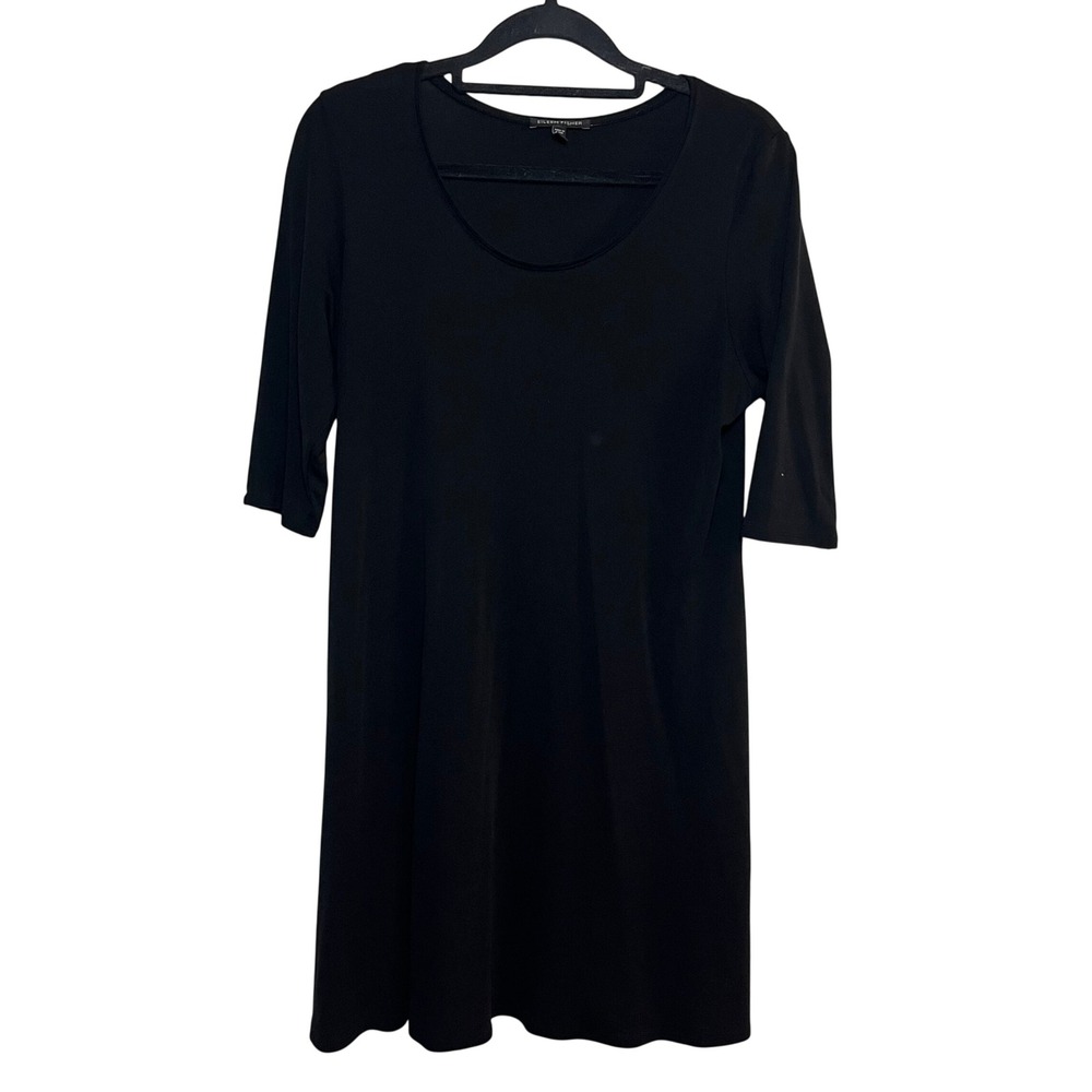 Eileen Fisher 100% Silk Tunic Shift Dress Medium Black Minimalist‎ LBD Capsule